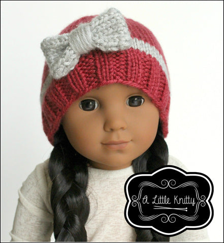 A Little Knitty Knitting Portia Bow Hat Knitting Pattern for Girls and 18 inch Dolls Pixie Faire