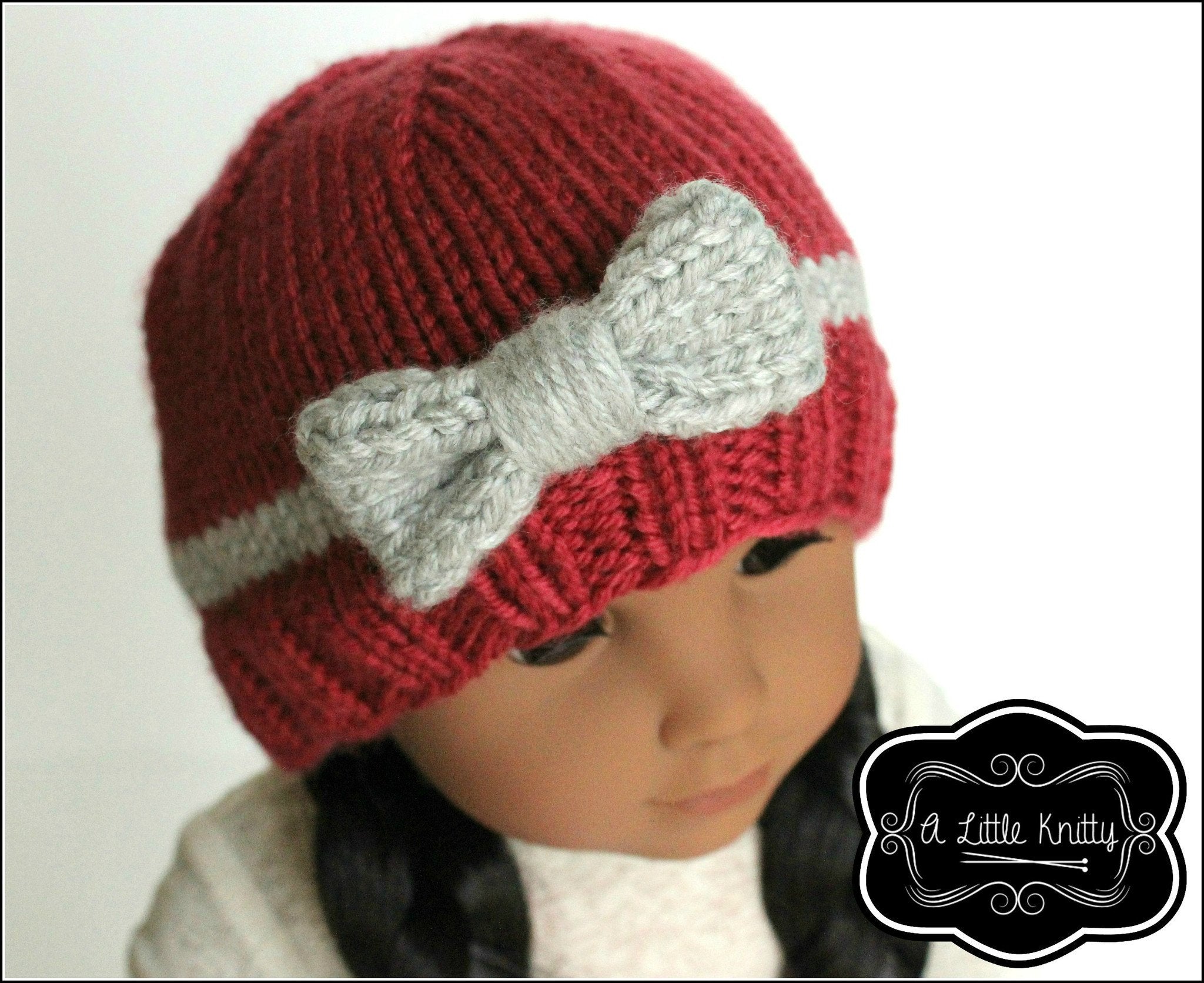 A Little Knitty Knitting Portia Bow Hat Knitting Pattern for Girls and 18 inch Dolls Pixie Faire