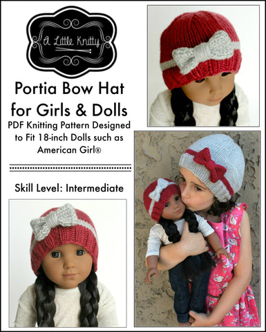 A Little Knitty Knitting Portia Bow Hat Knitting Pattern for Girls and 18 inch Dolls Pixie Faire