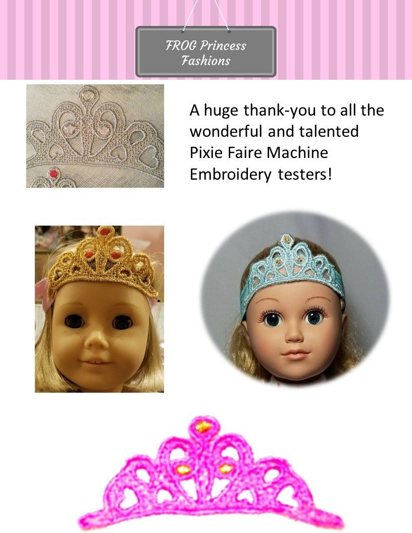 Frog Princess Fashions Machine Embroidery Design Posh Princess Lace Crown for Girls and Dolls Machine Embroidery Design Pixie Faire