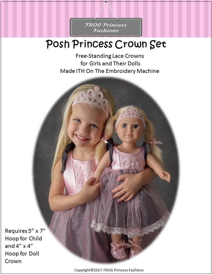 Frog Princess Fashions Machine Embroidery Design Posh Princess Lace Crown for Girls and Dolls Machine Embroidery Design Pixie Faire