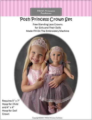 Frog Princess Fashions Machine Embroidery Design Posh Princess Lace Crown for Girls and Dolls Machine Embroidery Design Pixie Faire