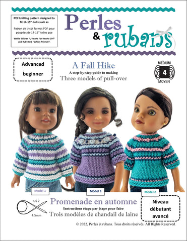 Perles & Rubans Knitting A Fall Hike 14-15" Doll Clothes Knitting Pattern Pixie Faire
