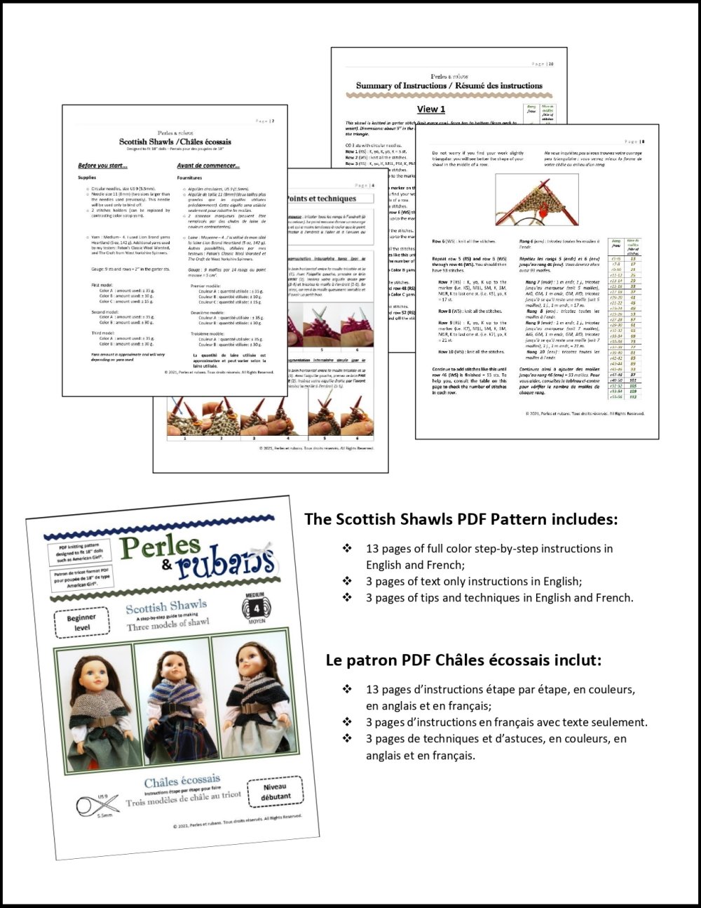Perles & Rubans Knitting Scottish Shawls 18" Doll Clothes Knitting Pattern Pixie Faire