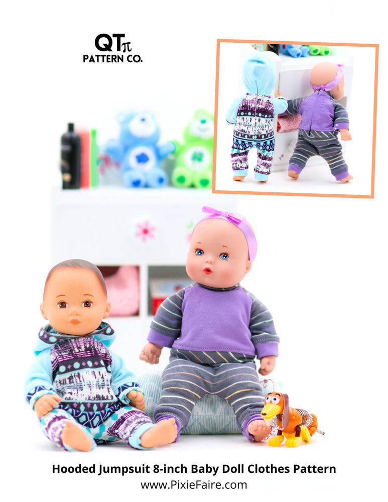 QTπ Pattern Co 8" Baby Dolls Hooded Jumpsuit Bundle 8 inch Baby Doll Clothes Pattern Pixie Faire