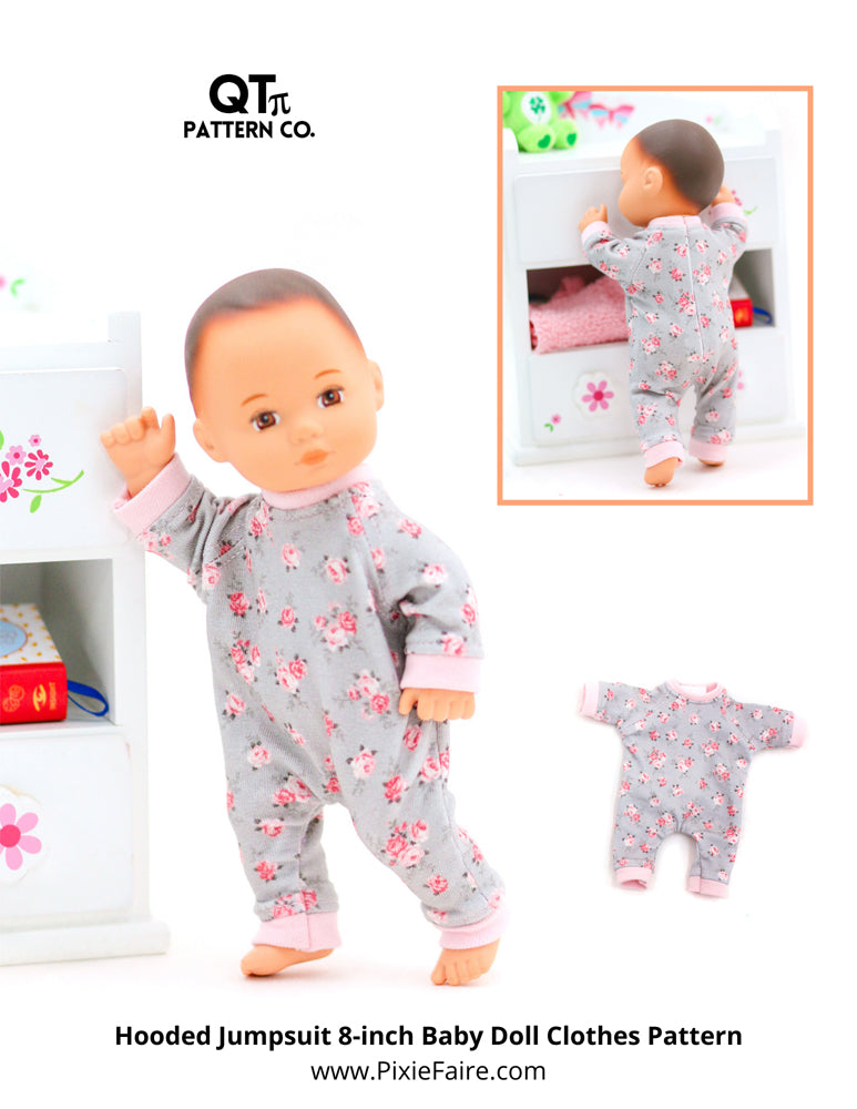 QTπ Pattern Co 8" Baby Dolls Hooded Jumpsuit Bundle 8 inch Baby Doll Clothes Pattern Pixie Faire