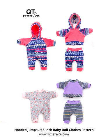 QTπ Pattern Co 8" Baby Dolls Hooded Jumpsuit Bundle 8 inch Baby Doll Clothes Pattern Pixie Faire