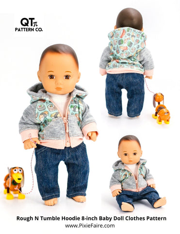 QTπ Pattern Co 8" Baby Dolls Rough N Tumble Hoodie 8" Baby Doll Clothes Pattern Pixie Faire