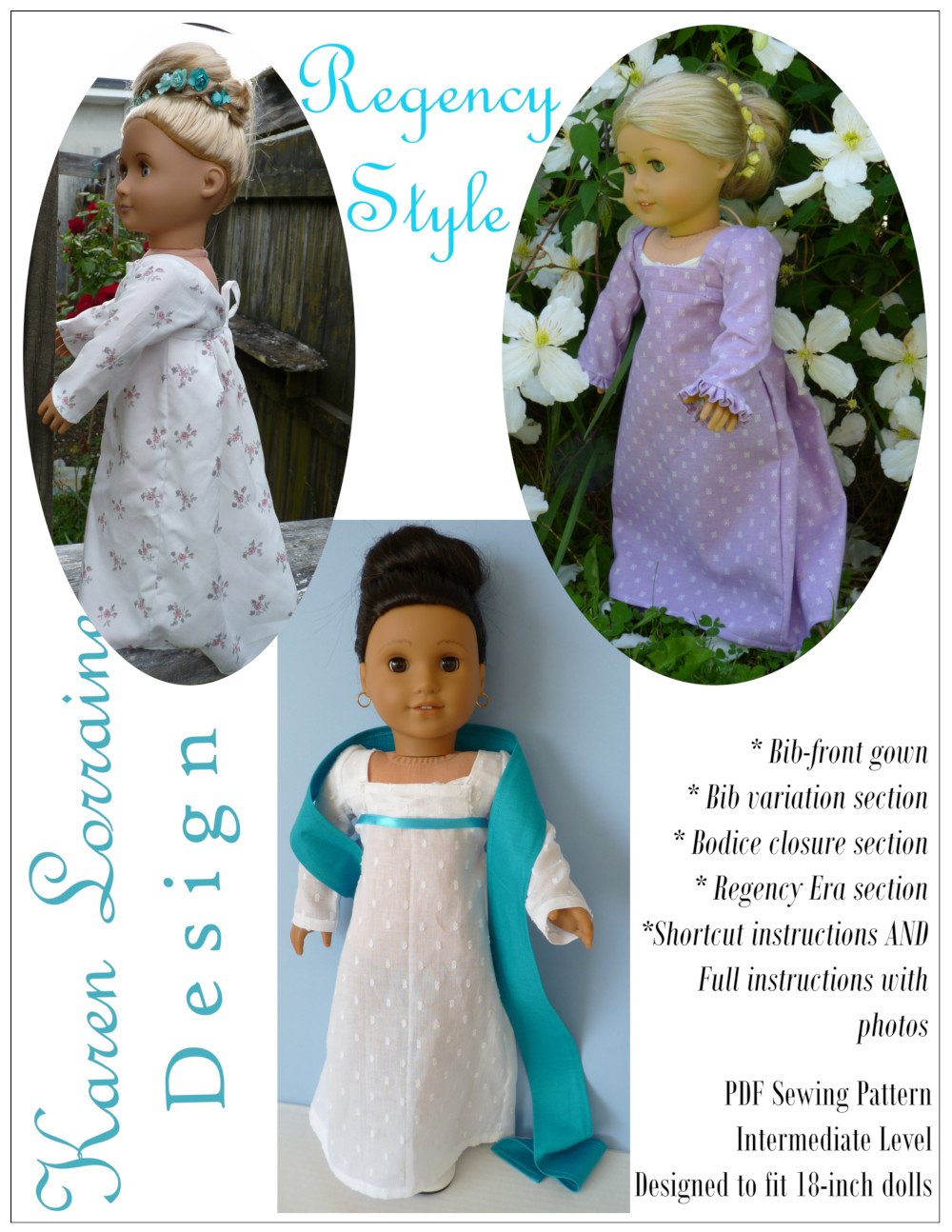 Karen Lorraine Design Regency Style Doll Clothes Pattern for 18 Dolls such  as American Girl®