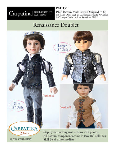 Carpatina Dolls 18 Inch Boy Doll Renaissance Doublet Multi-sized Pattern for Regular and Slim 18" Boy Dolls Pixie Faire