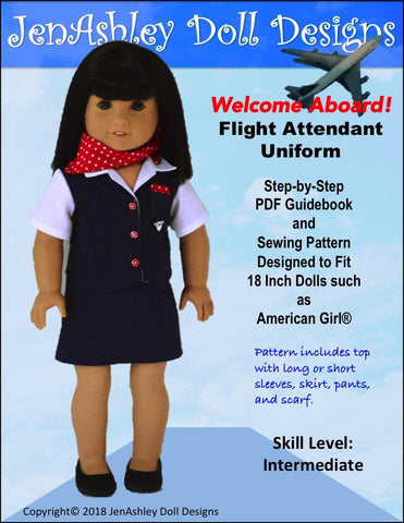 Jen Ashley Doll Designs 18 Inch Modern Welcome Aboard! Flight Attendant Uniform 18" Doll Clothes Pattern Pixie Faire