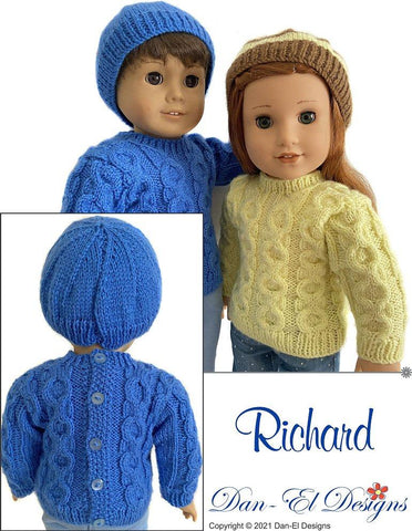 Dan-El Designs Knitting Richard Sweater & Beanie 18" Doll Clothes Knitting Pattern Pixie Faire