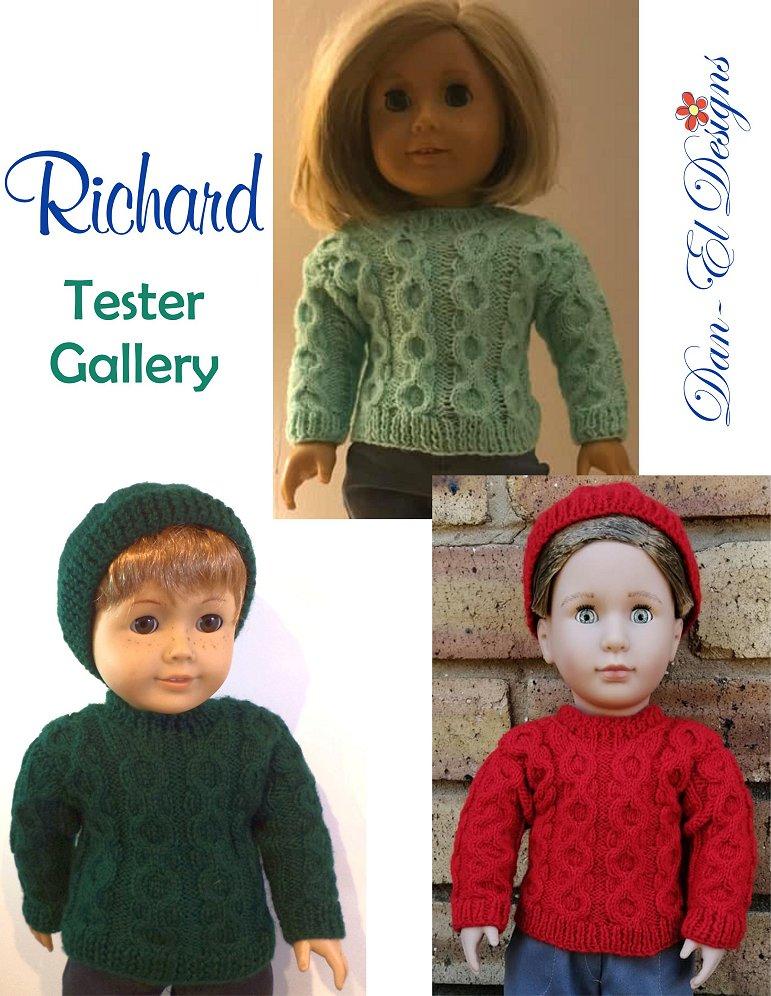 Dan-El Designs Knitting Richard Sweater & Beanie 18" Doll Clothes Knitting Pattern Pixie Faire