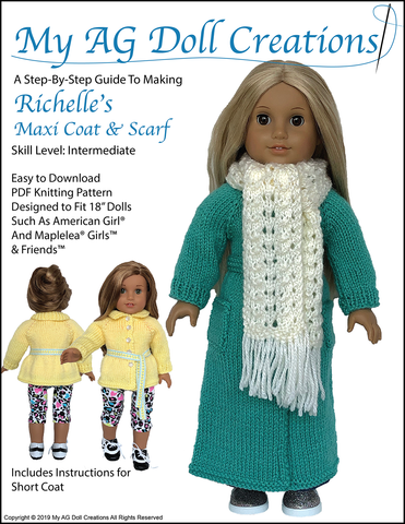 My AG Doll Creations Knitting Richelle's Maxi Coat & Scarf 18" Doll Knitting Pattern Pixie Faire