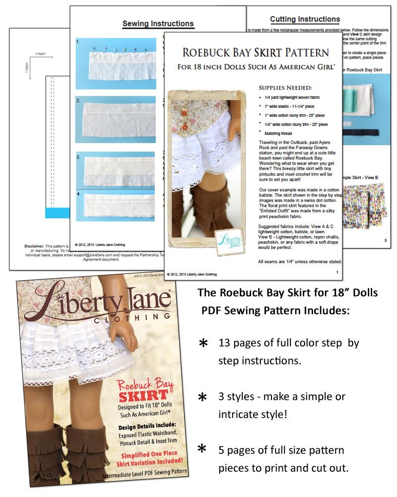 Liberty Jane 18 Inch Modern Roebuck Bay Skirt 18" Doll Clothes Pattern Pixie Faire