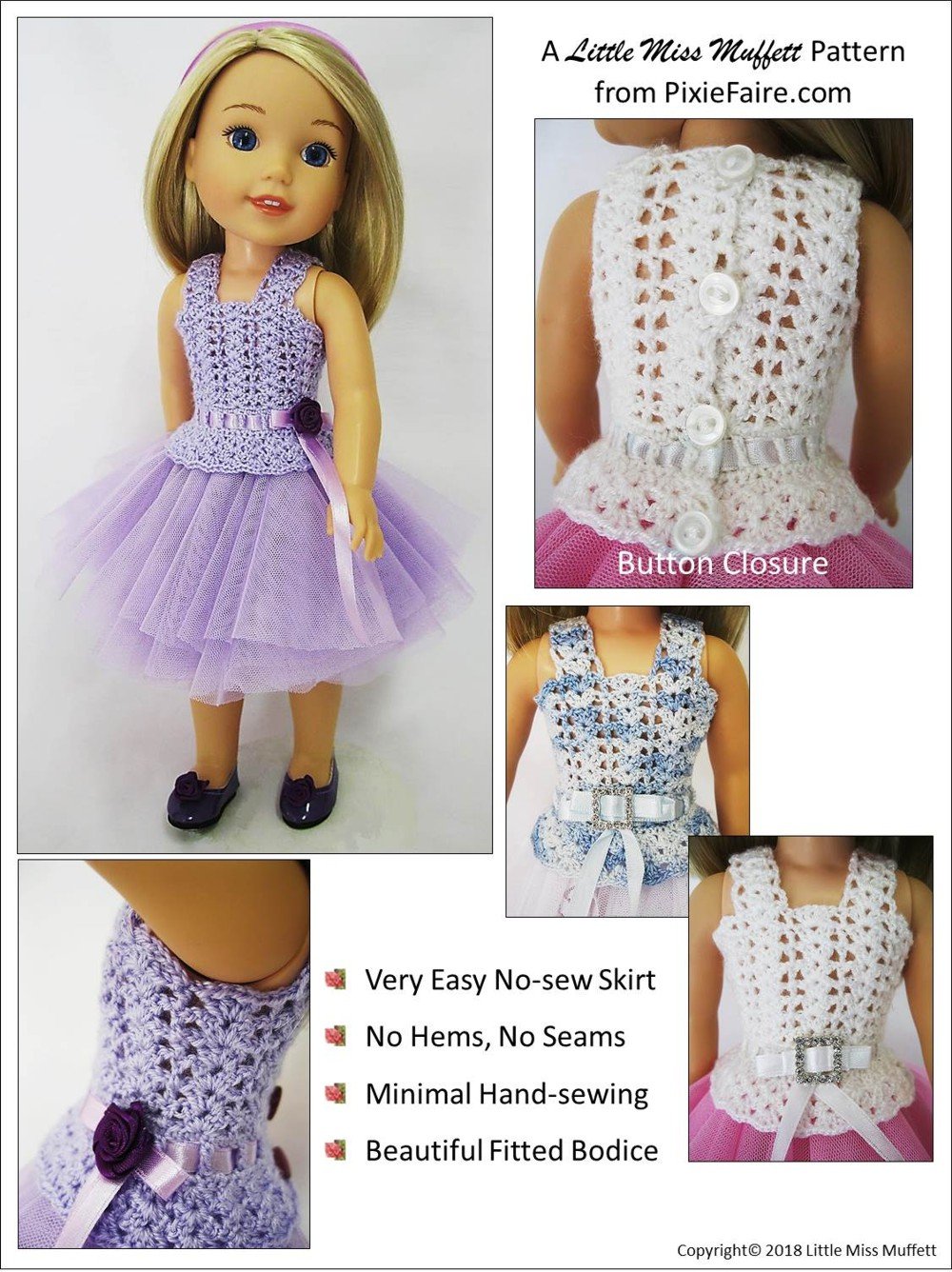 Little Miss Muffett WellieWishers Romantic Fusion 14.5" Doll Clothes Crochet Pattern Pixie Faire