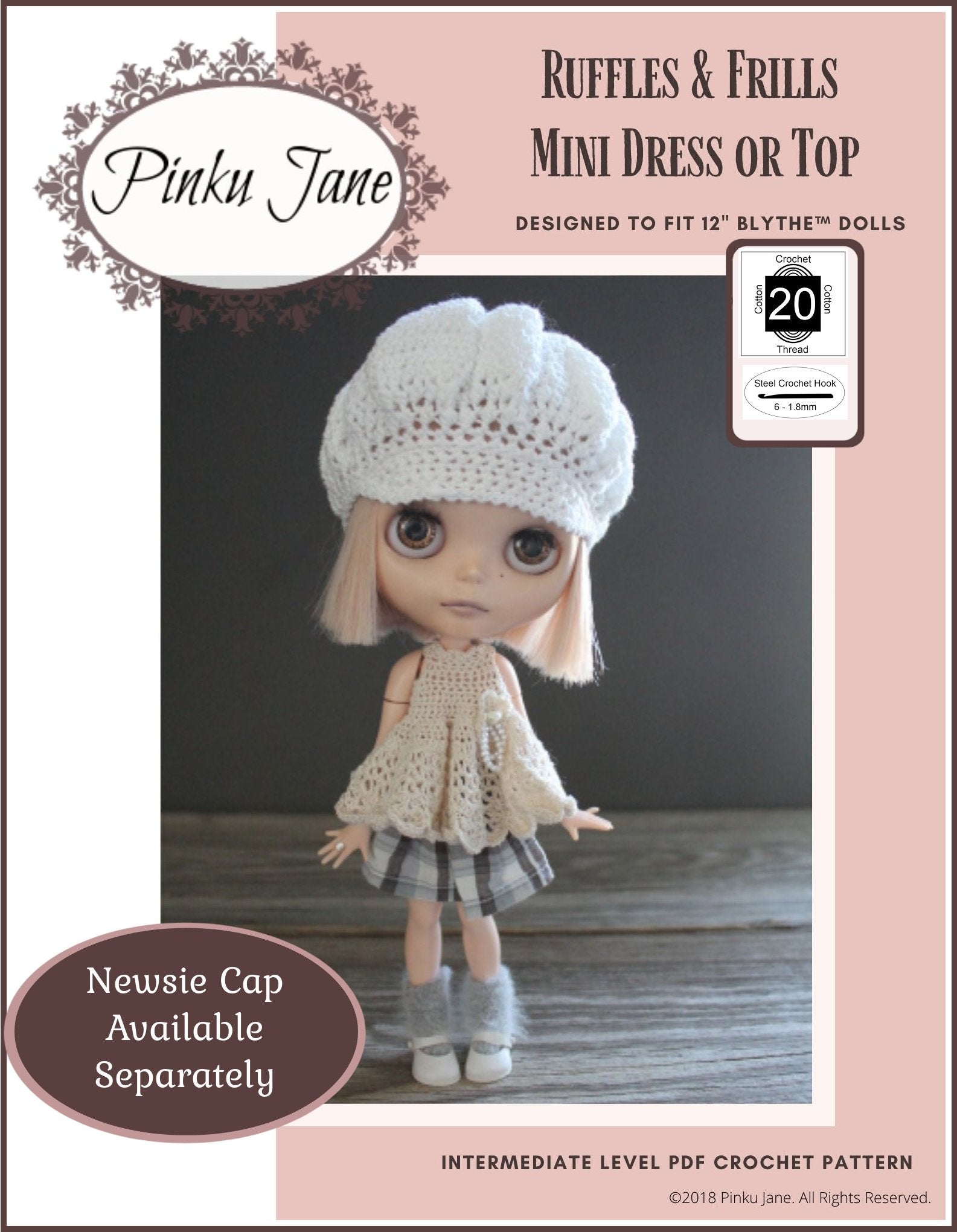 Pinku Jane Ruffles and Frills Mini Dress or Top Doll Clothes Crochet Pattern For 12 Blythe Dolls