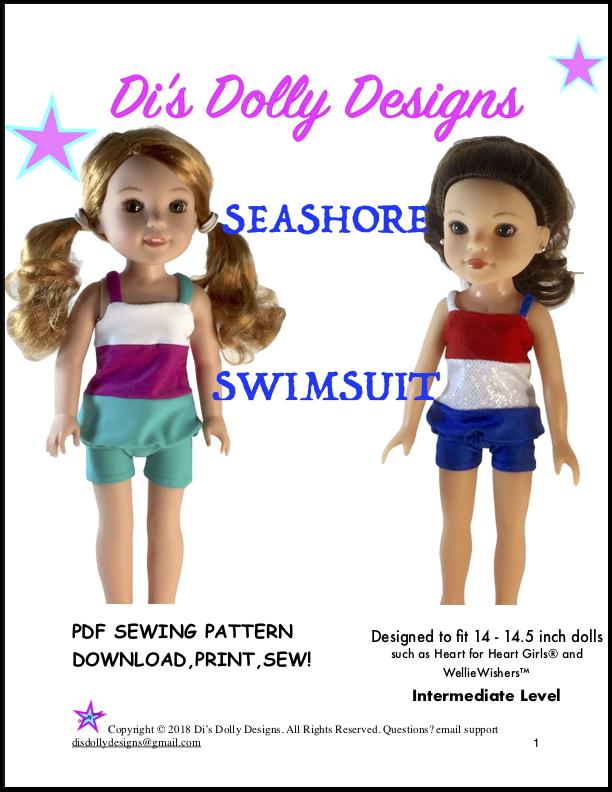 Di's Dolly Designs WellieWishers Seashore Swimsuit 14-14.5" Doll Clothes Pattern Pixie Faire
