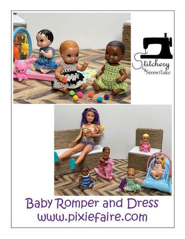 Stitchery By Snowflake Barbie Baby Romper and Dress 3" Doll Clothes Crochet Pattern Pixie Faire