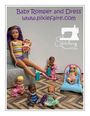 Stitchery By Snowflake Barbie Baby Romper and Dress 3" Doll Clothes Crochet Pattern Pixie Faire