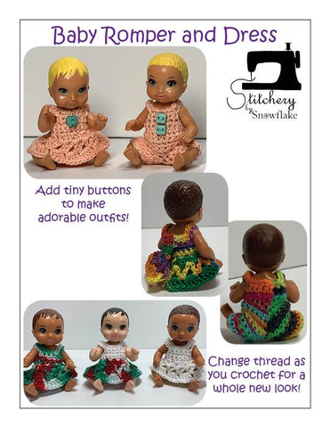 Stitchery By Snowflake Barbie Baby Romper and Dress 3" Doll Clothes Crochet Pattern Pixie Faire