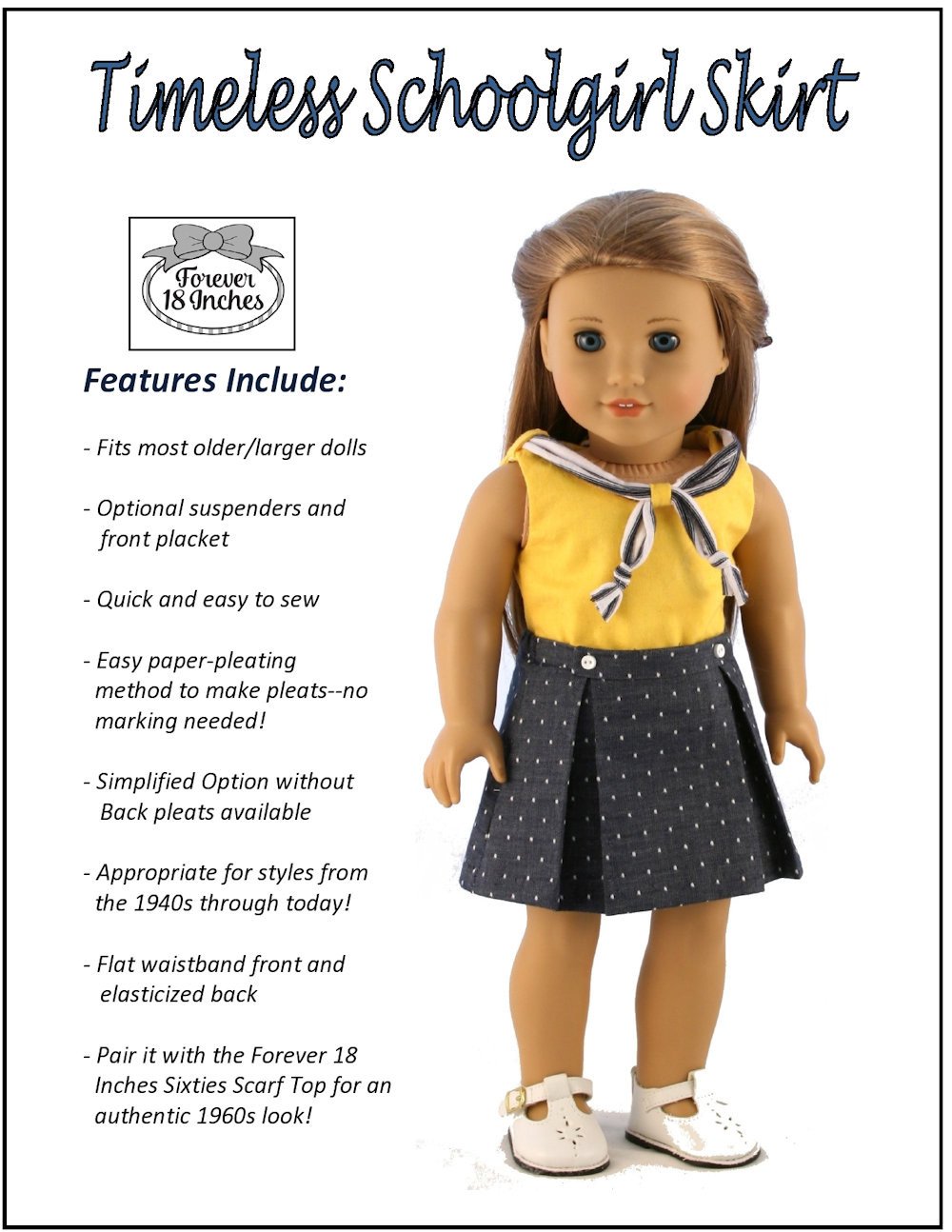 Forever 18 Inches Timeless Schoolgirl Skirt Doll Clothes Pattern 18 inch  American Girl Dolls