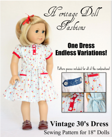 Heritage Doll Fashions 18 Inch Historical 1930's Vintage Dress Pattern 18" Doll Clothes Pixie Faire