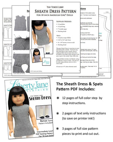 Liberty Jane 18 Inch Modern Sheath Dress and Spats 18" Doll Clothes Pattern Pixie Faire