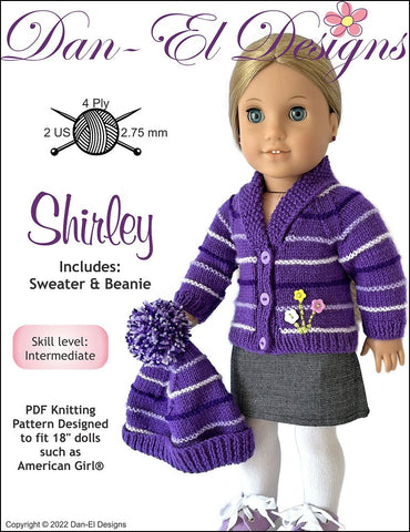 Dan-El Designs Knitting Shirley Sweater and Beanie 18 inch Doll Clothes Knitting Pattern Pixie Faire