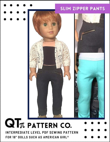 QTπ Pattern Co 18 Inch Modern Slim Zipper Pants 18" Doll Clothes Pattern Pixie Faire