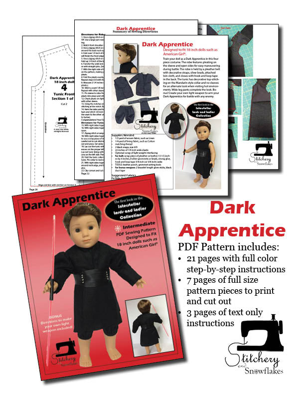 Stitchery By Snowflake 18 Inch Modern Dark Apprentice 18" Doll Clothes Pattern Pixie Faire