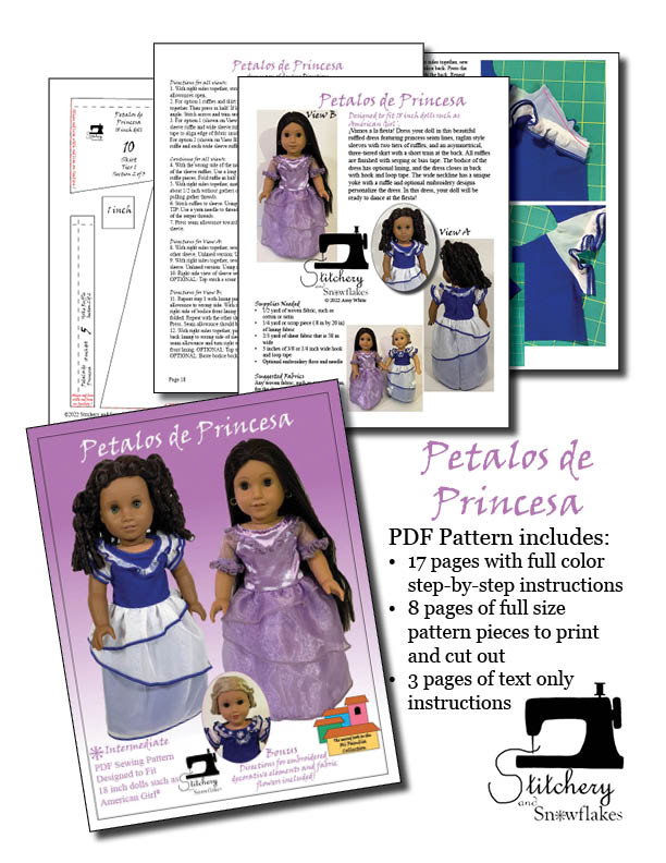 Stitchery By Snowflake 18 Inch Historical Petalos de Princesa 18" Doll Clothes Pattern Pixie Faire