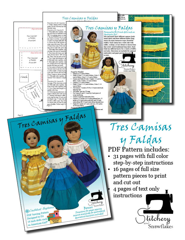 Stitchery By Snowflake 18 Inch Historical Tres Camisas y Faldas 18" Doll Clothes Pattern Pixie Faire