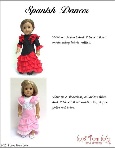 Love From Lola 18 Inch Modern Spanish Dancer 18" Doll Clothes Pattern Pixie Faire