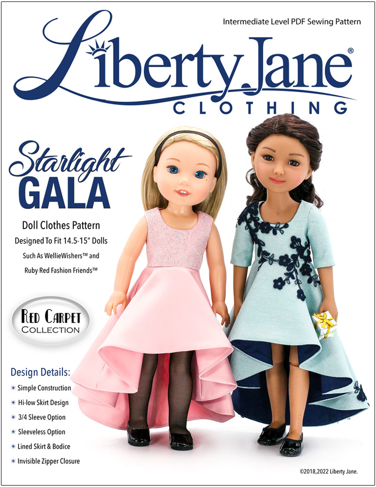 Liberty Jane Ruby Red Fashion Friends Starlight Gala Dress 14.5-15" Doll Clothes Pattern Pixie Faire