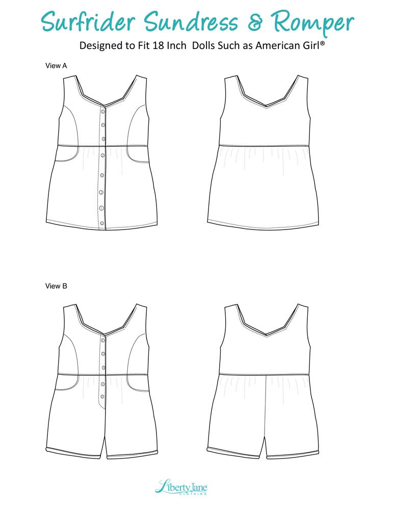 Liberty Jane 18 Inch Modern Surfrider Sundress and Romper 18” Doll Clothes Pattern Pixie Faire