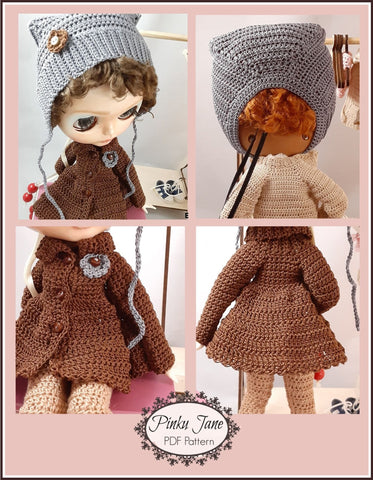 Pinku Jane Blythe/Pullip Swing Coat & Winter Helmet Crochet Pattern For 12" Blythe Dolls Pixie Faire