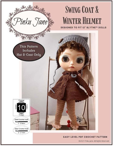 Pinku Jane Blythe/Pullip Swing Coat & Winter Helmet Crochet Pattern For 12" Blythe Dolls Pixie Faire