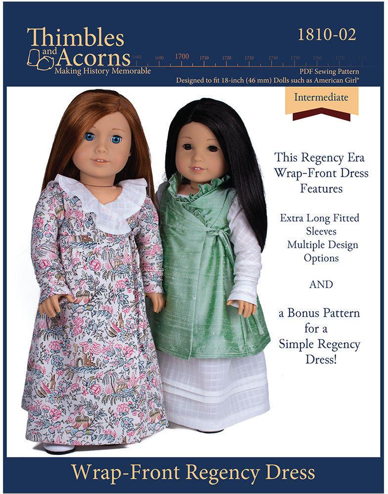 Thimbles and Acorns 18 Inch Historical Wrap-Front Regency Dress 18" Doll Clothes Pixie Faire