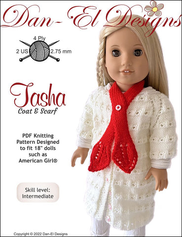 Dan-El Designs Knitting Tasha Coat and Scarf 18" Doll Clothes Knitting Pattern Pixie Faire