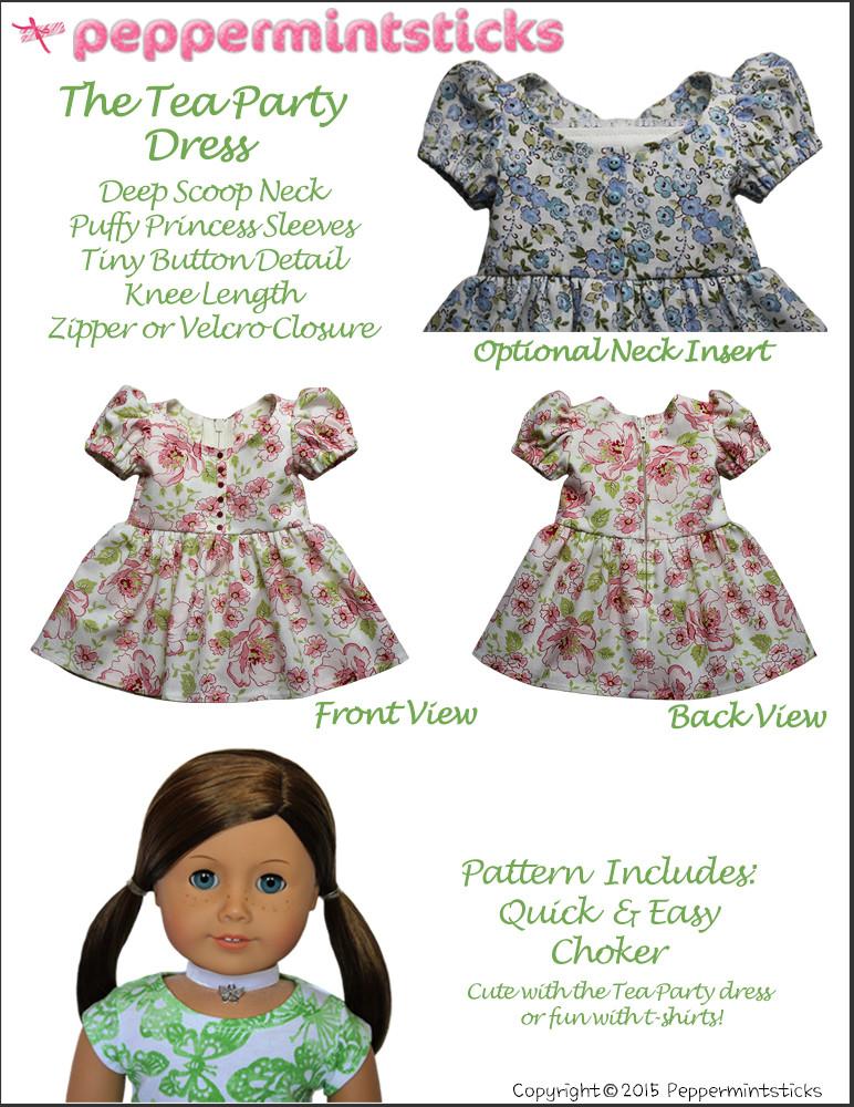 Peppermintsticks 18 Inch Modern The Tea Party Dress 18" Doll Clothes Pattern Pixie Faire