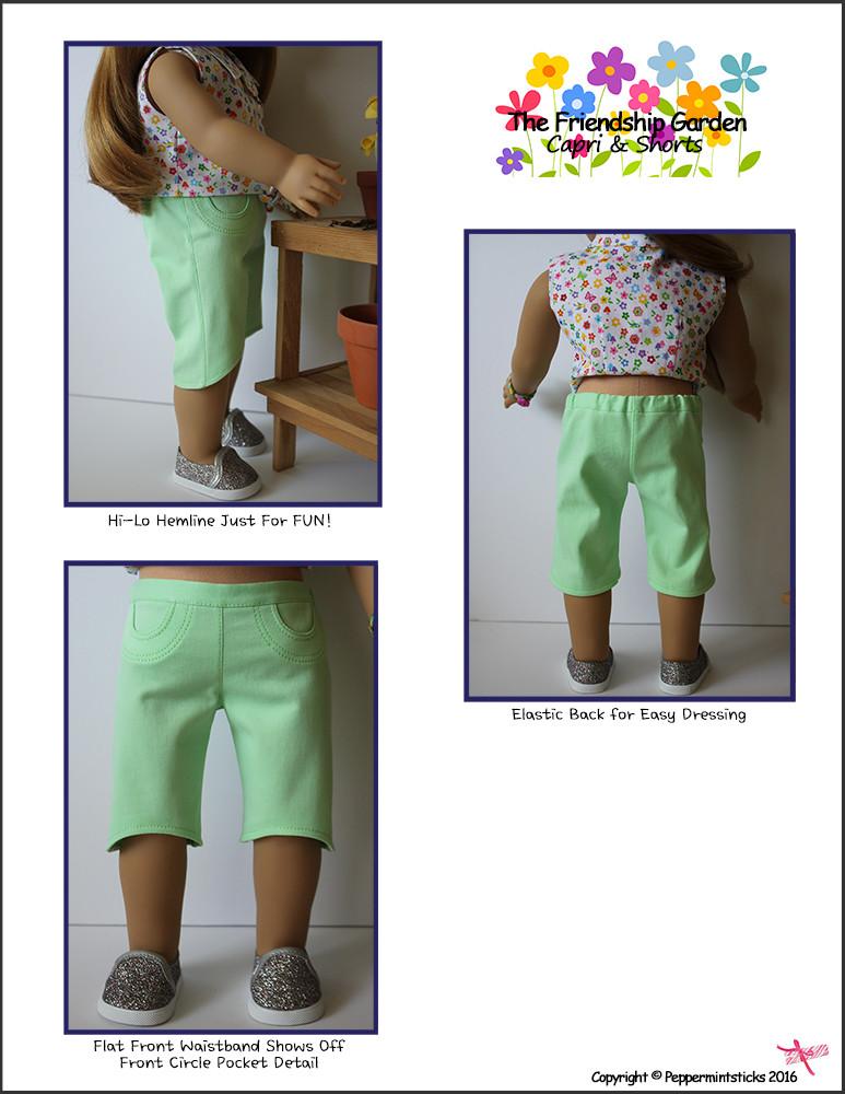 peppermintsticks-the-friendship-garden-capri-shorts-doll-clothes-pattern-18-inch-american-girl-dolls