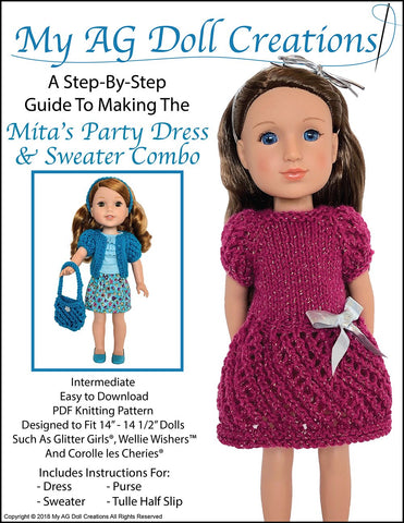 My AG Doll Creations WellieWishers Mita's Party Dress & Sweater Combo Knitting Pattern for 14-14.5" Dolls Pixie Faire