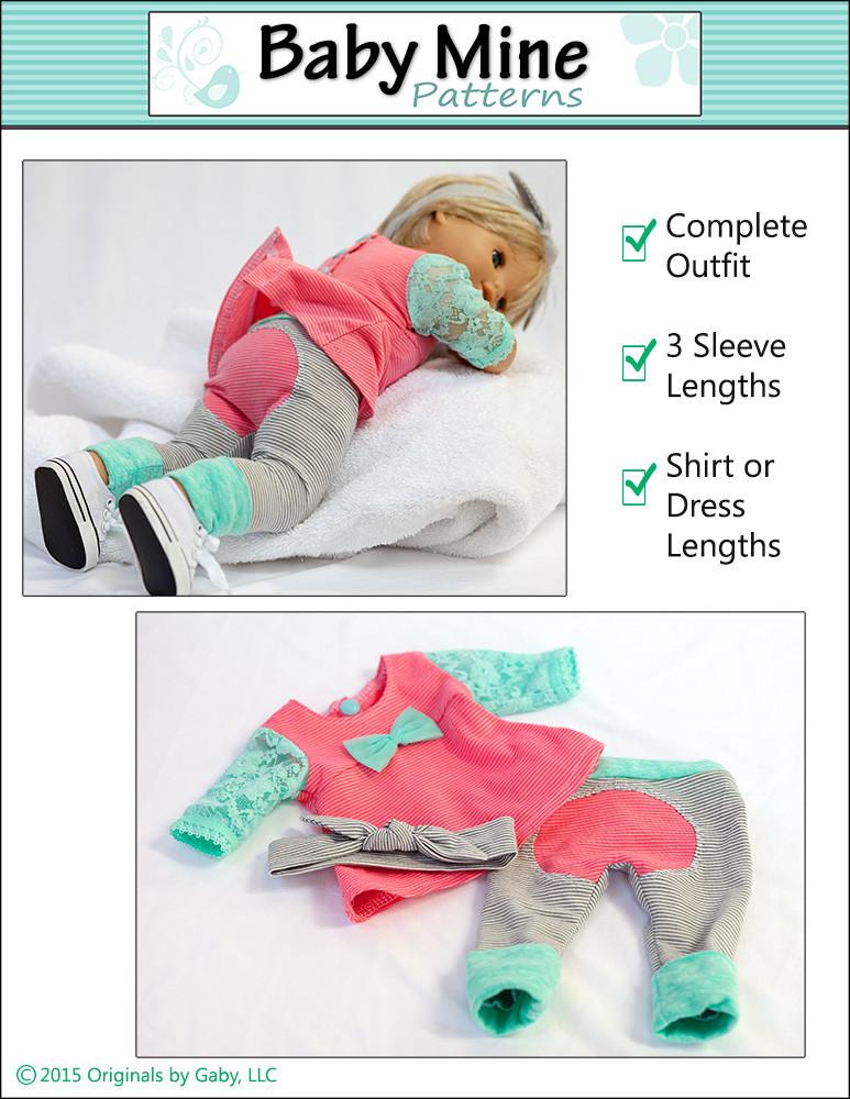 Baby Mine Bitty Baby/Twin Tri-City Knit Dress & Circle Leggings 15" Baby Doll Clothes Pattern Pixie Faire
