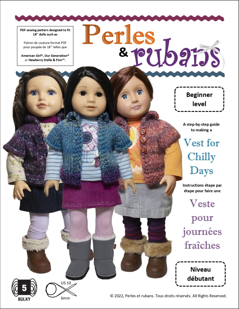 Perles & Rubans Knitting Vest for Chilly Days 18" Doll Clothes Knitting Pattern Pixie Faire