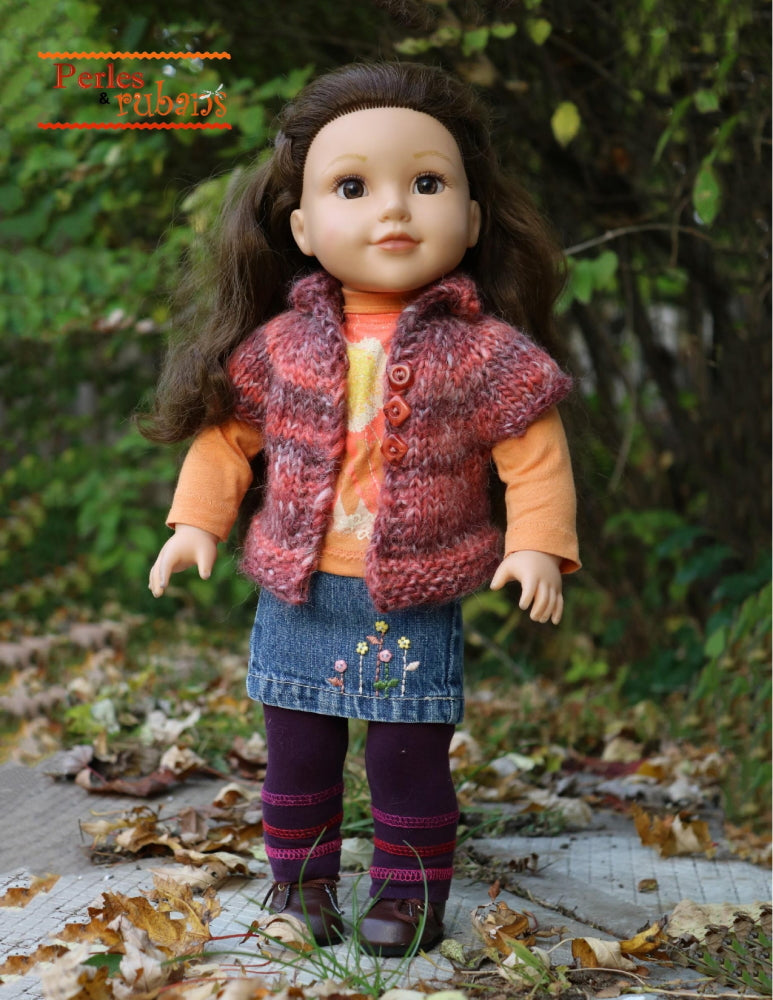 Perles & Rubans Knitting Vest for Chilly Days 18" Doll Clothes Knitting Pattern Pixie Faire