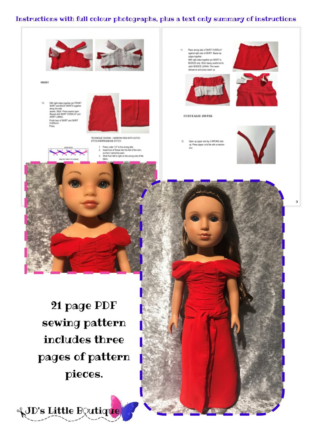 JD's Little Boutique WellieWishers Vivian Dress 14" - 14.5" Doll Clothes Pattern Pixie Faire