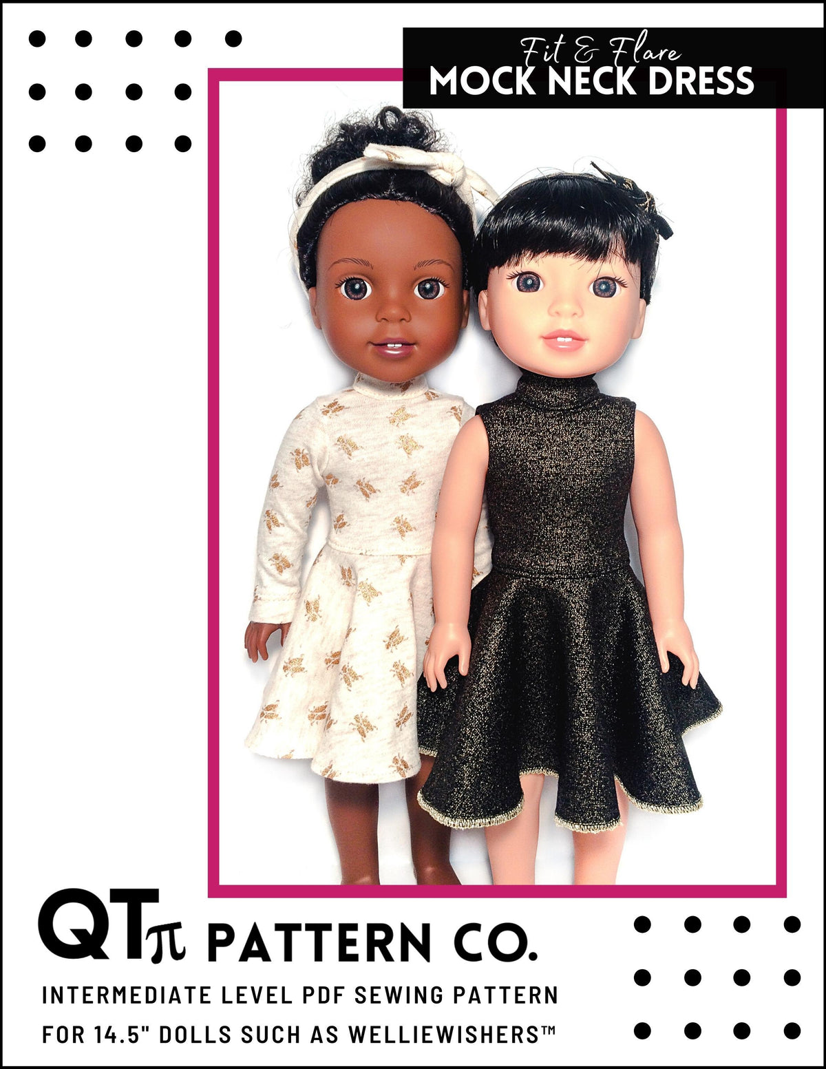 QTπ Pattern Co WellieWishers Fit & Flare Mock Neck Dress 14.5" Doll Clothes Pattern Pixie Faire
