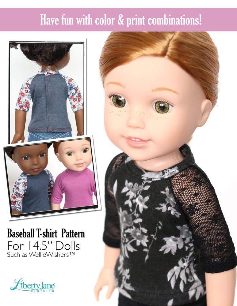 Liberty Jane WellieWishers Baseball T-Shirt 14.5" Doll Clothes Pattern Pixie Faire