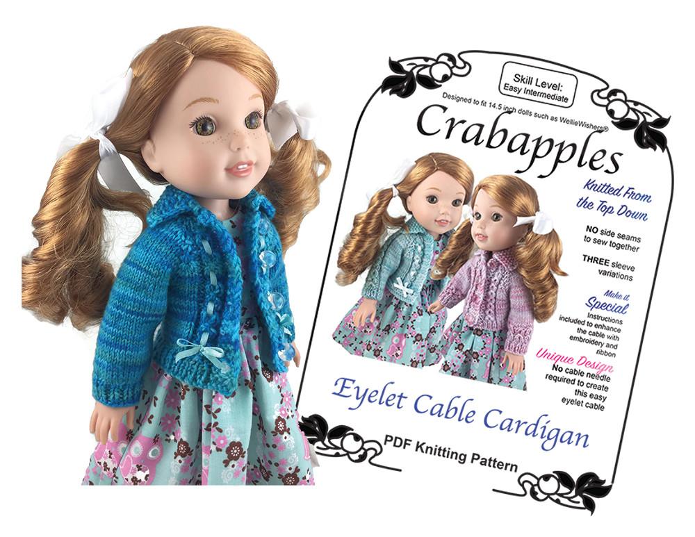 Crabapples WellieWishers Eyelet Cable Cardigan 14.5 Inch Doll Clothes Knitting Pattern Pixie Faire